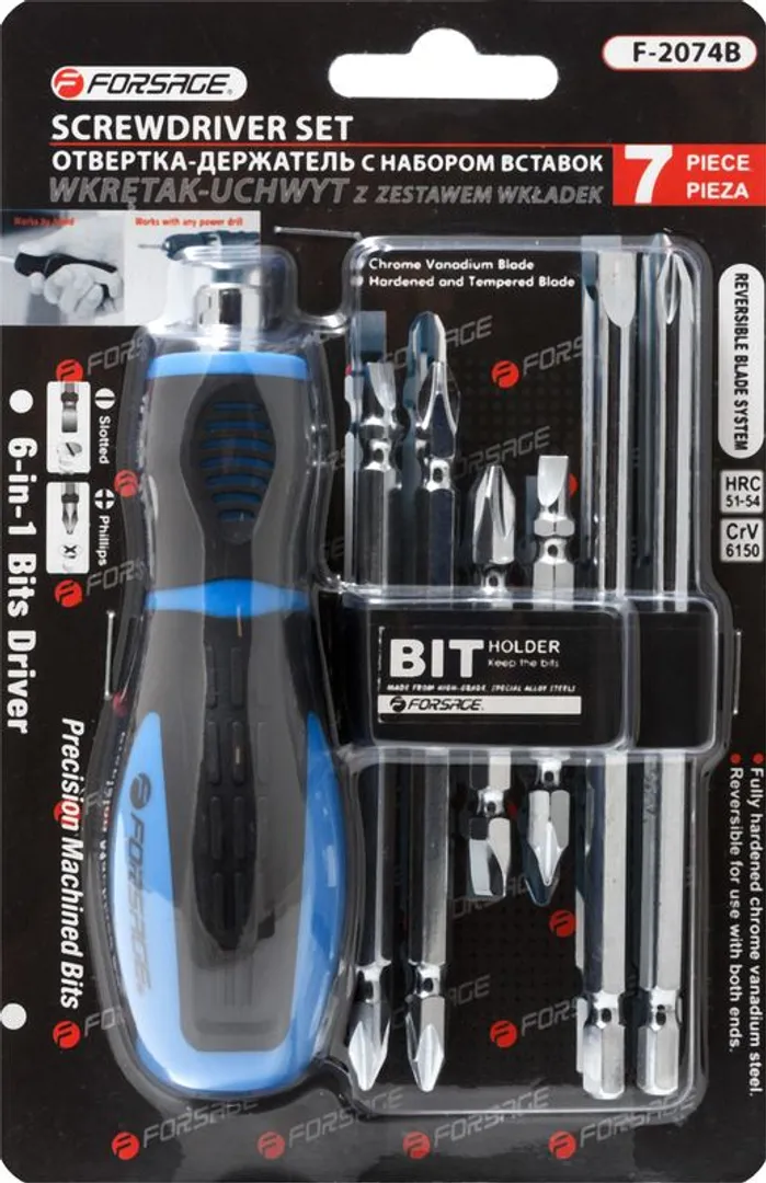 Набор бит SL, PH 1/4'' с отверткой-держателем бит 7 пр. Forsage F-2074B