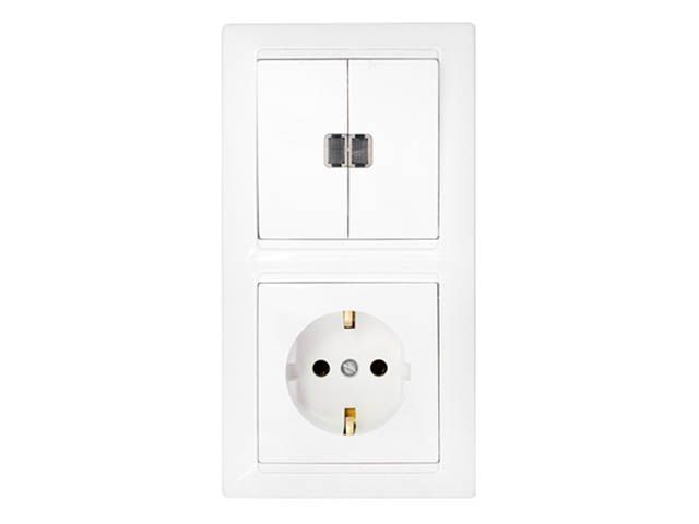 Блок выкл. 2 клав. + розетка (скрытая, с/з) со световой индикацией,белая, Стиль, Bylectrica 2В-РЦ-703