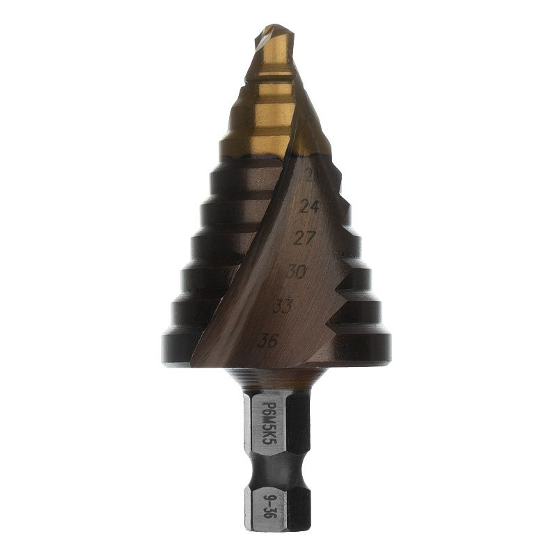 Сверло ступенчатое, 9-12-15-18-21-24-27-30-33-36 мм, Р6М5К5, 6-гр. хвостовик Denzel 723615