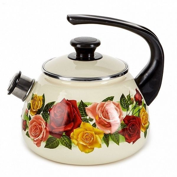 Чайник эмалированный цельноштампованный со свистком 2 л, слоновый с декором Керченский металлургический завод 43604-102/6-У4Сл