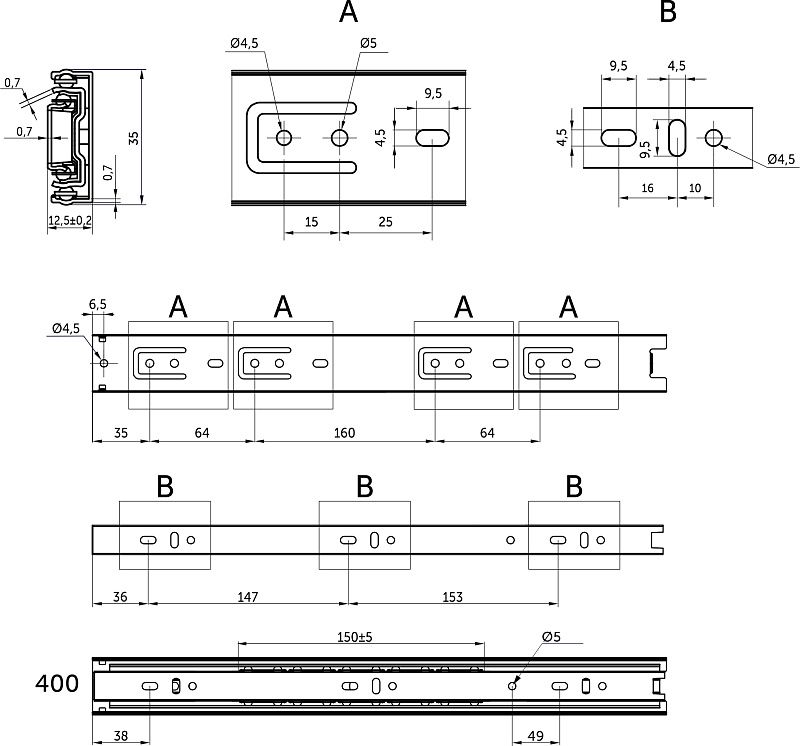 Направляющая шариковая L-400 h35 C AKS 113177