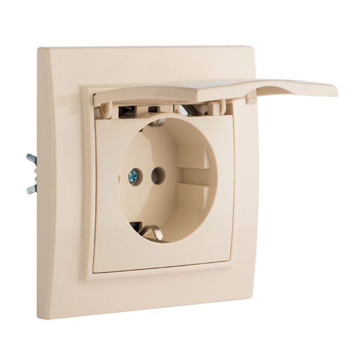 Розетка 1-местная СП с/з Минск с крышкой 16А бежевая с защ, штор, EKF ERR16-029-200