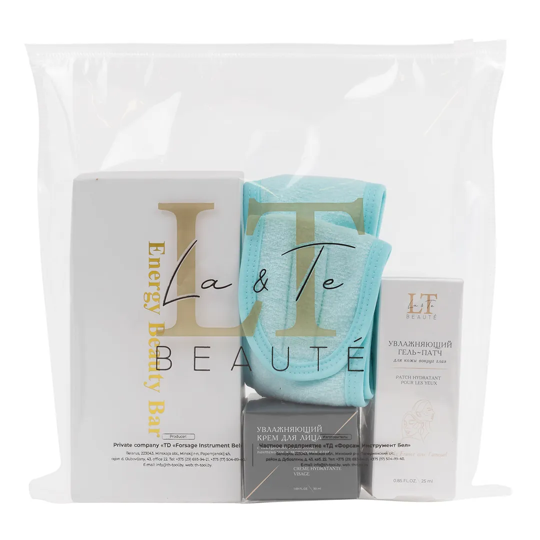 Набор, массажер роликовый Gold, повязка на голову на липучке, гель-патч для лица-1831, крем для лица-1862 La and Te beaute LT-30