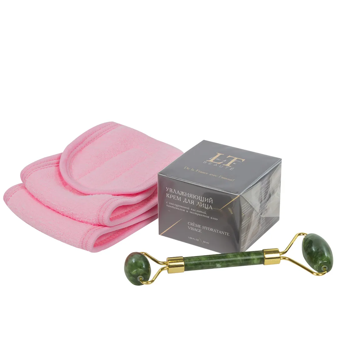 Набор: увлажняющий крем для лица LT-1862, массажный ролик, зеленый, повязка на липучке, розовая La and Te beaute LT-33