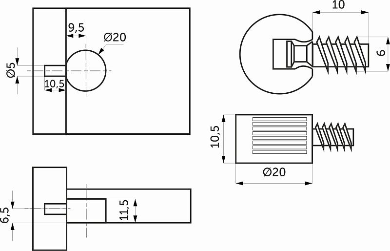 Полкодержатель d20 со штоком-евровинтом 6*10 белый, уп/100 шт, AKS 122395