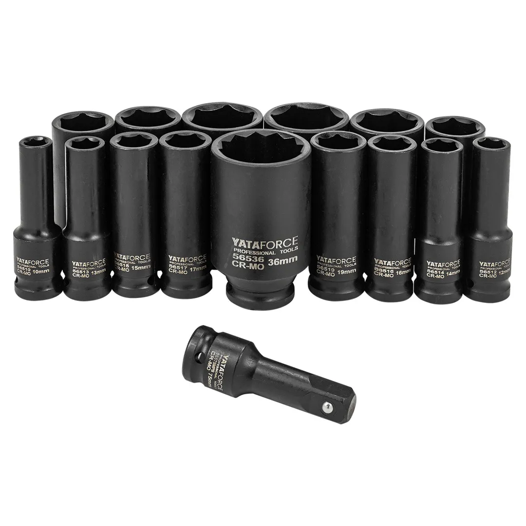 Набор глубоких ударных головок 10-32 мм 6-гр, 36 мм 12-гр, 1/2'' 16 пр, удлинитель 75 мм YATAFORCE YF-4177-5MPB