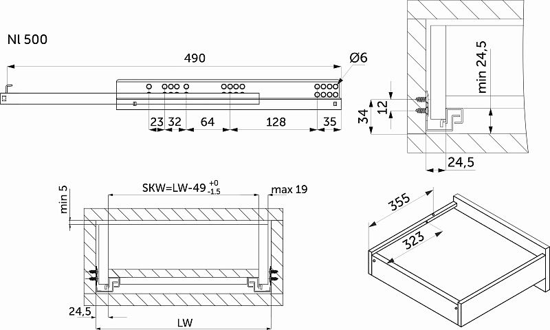 Направляющая скрытого монтажа L-500 с доводчиком ДСП до19mm насадной монтаж 3/4 с фиксаторами AKS 118578