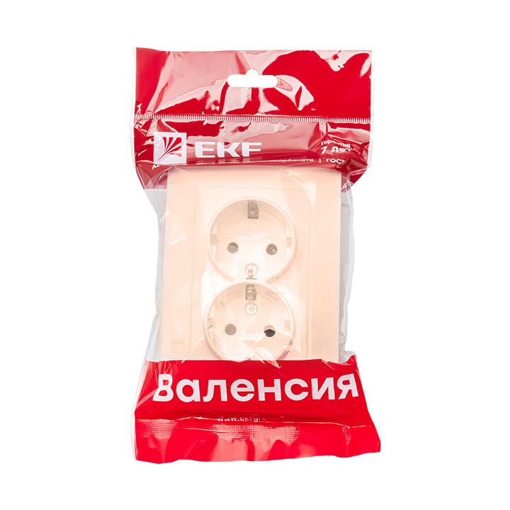 Валенсия розетка 2-местная с/з 16А кремовая с защ, штор, EKF PROxima EWR16-128-20