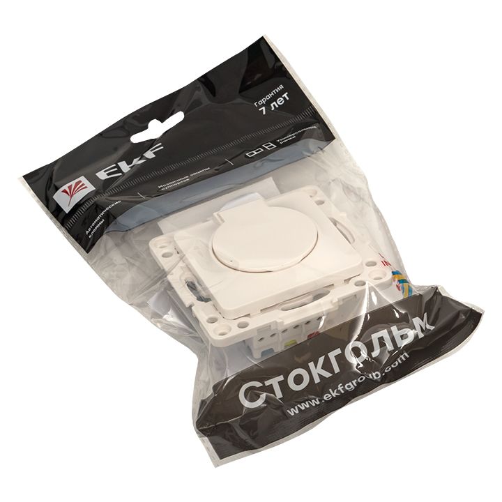 Стокгольм Механизм Розетки 1-местной с/з 16А автоматические клеммы белый с крышкой и защ, штор, IP44 EKF PROxima EYR16-028-10-44