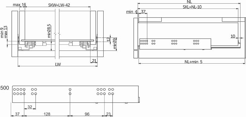 Направляющая скрытого монтажа L-500 push to open ДСП до16mm с замками MODERN SLIDE полное выдвижение GTV 87281