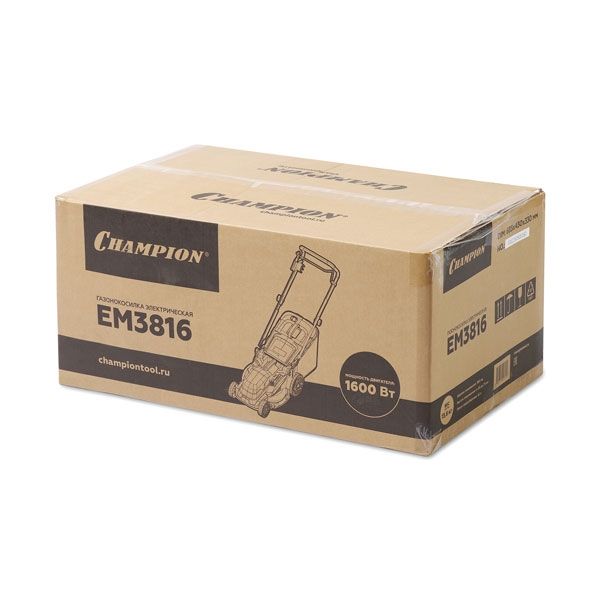 Газонокосилка электрическая, 1,6 кВт, пласт.+ткань травосб. 42л, ширина 380мм, 30-75мм CHAMPION EM3816