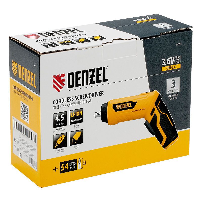 Отвертка аккумуляторная CSH-3.6, 54 биты, Li-Ion, 3,6 В Denzel 26004