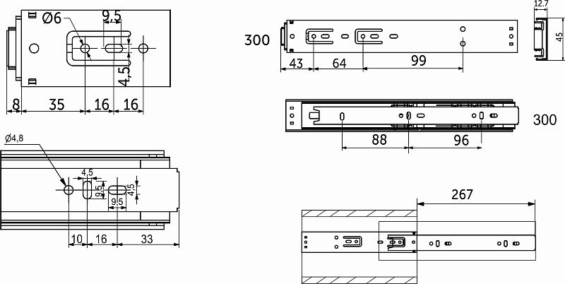 Направляющая шариковая L-600 h=45 PUSH TO OPEN AKS PLUS 39874