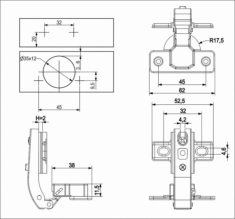 Петля под фальшпанель 90° с пружиной 45мм h2 slide-on AKS 23752