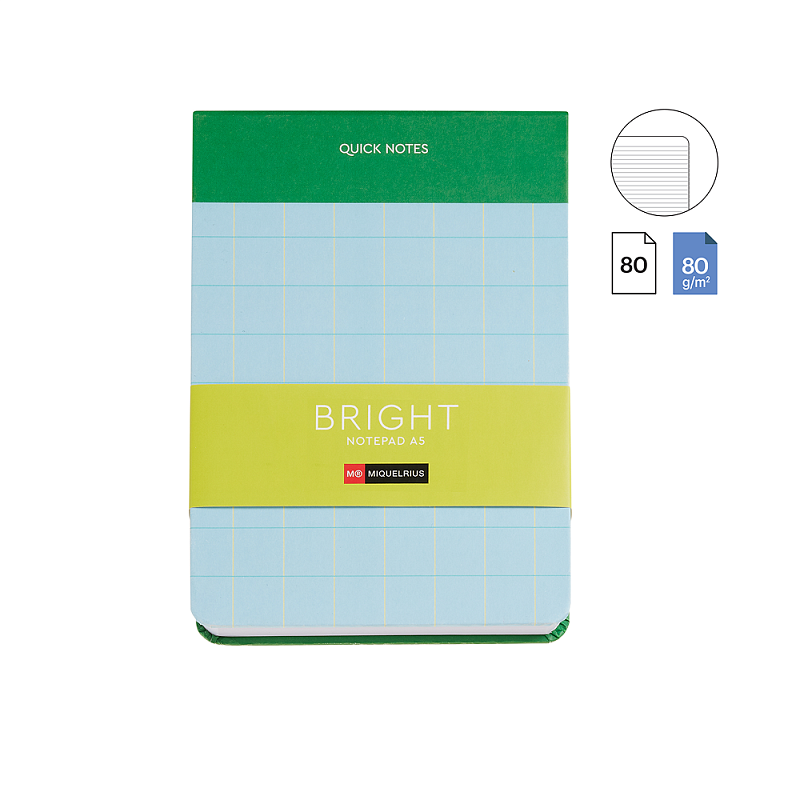 Блокнот "Bright", А5, 135х191 мм, 80 листов, линейка, зеленый, голубой
