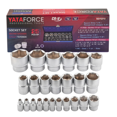 Набор дюймовых головок 1/4''&1/2'' 25 пр YATAFORCE YF-50121I