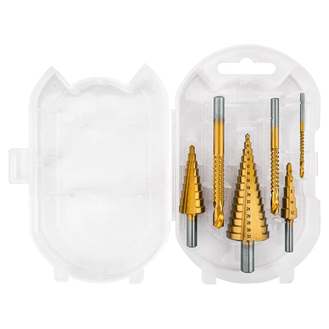 Набор сверл ступенчатых 4-12, 4-20, 4-32 мм, сверл-фрез 3, 6, 8 мм, по алюминию, меди, дереву, пластику 6 пр Scheppach Sch-44706