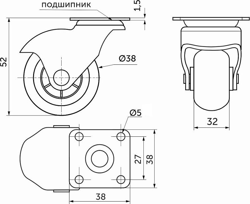 Колесо меб. d40 h52 с площадкой с рез.ободом (шар), серый AKS 17298