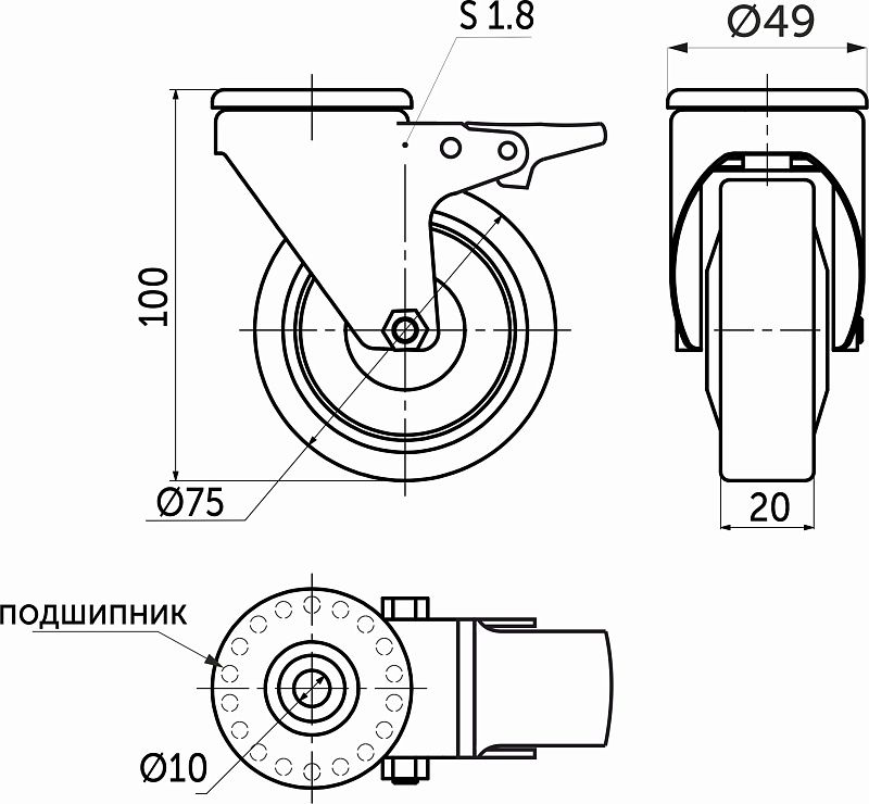 Колесо меб. TECH d75 h100 под винт М10 с торм., серый AKS 119791