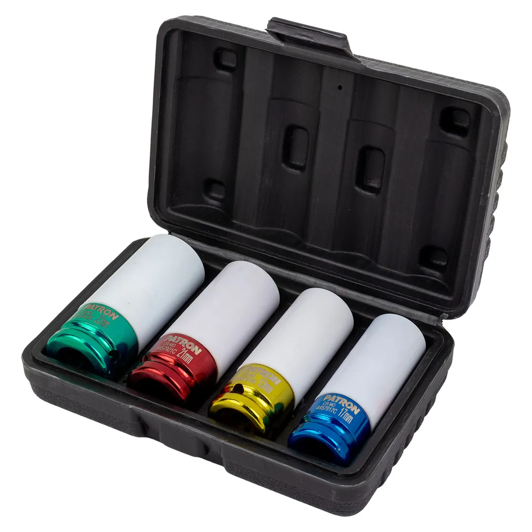 Набор ударных глубоких тонкостенных головок 17, 19, 21, 22 мм в защитном кожухе 4 пр 1/2'' 6-гр PATRON P-4046