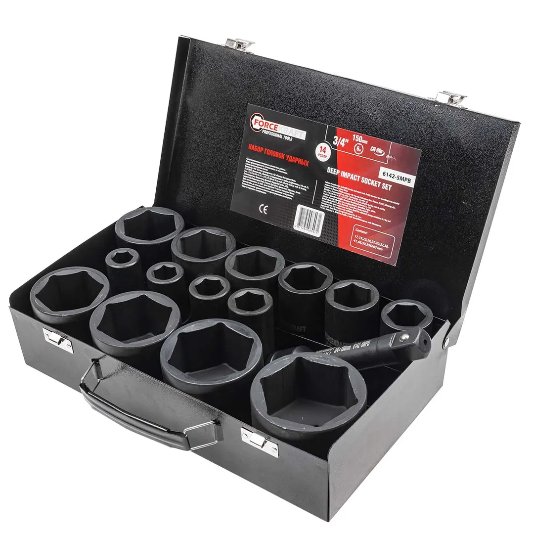 Набор ударных головок глубоких 17-65 мм 3/4'' 6-гр 14 пр ForceKraft FK-6142-5MPB