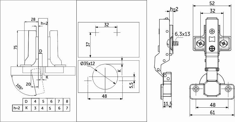 Петля полунакладная с доводчиком 48мм h2 clip-on, еврошурупы, заглушки, упак 2 шт., PRIME by AKS 113402