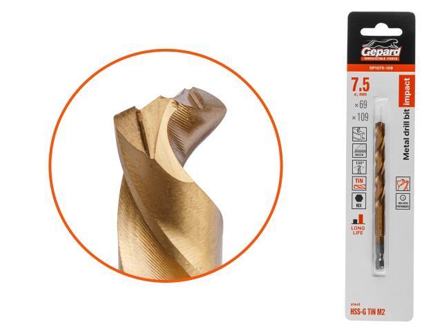 Сверло по металлу шестигр. 7.5х69х109 мм HSS-G TIN многогранная заточка GEPARD GP1075-109