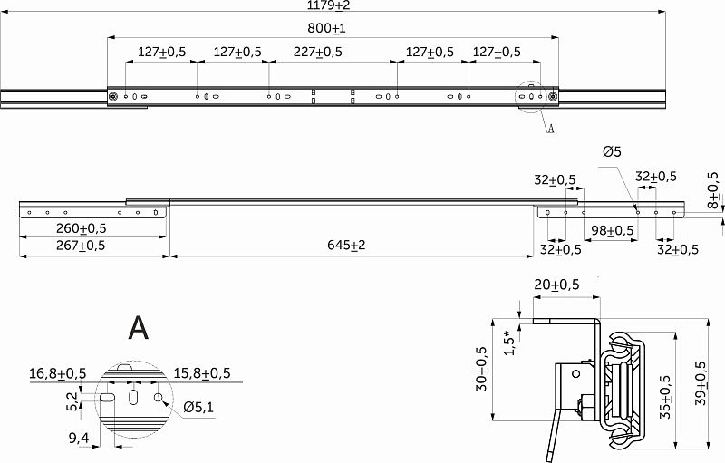 Механизм для раздвижных столов внешний синхронный со стопором L-800 мм AKS 114299
