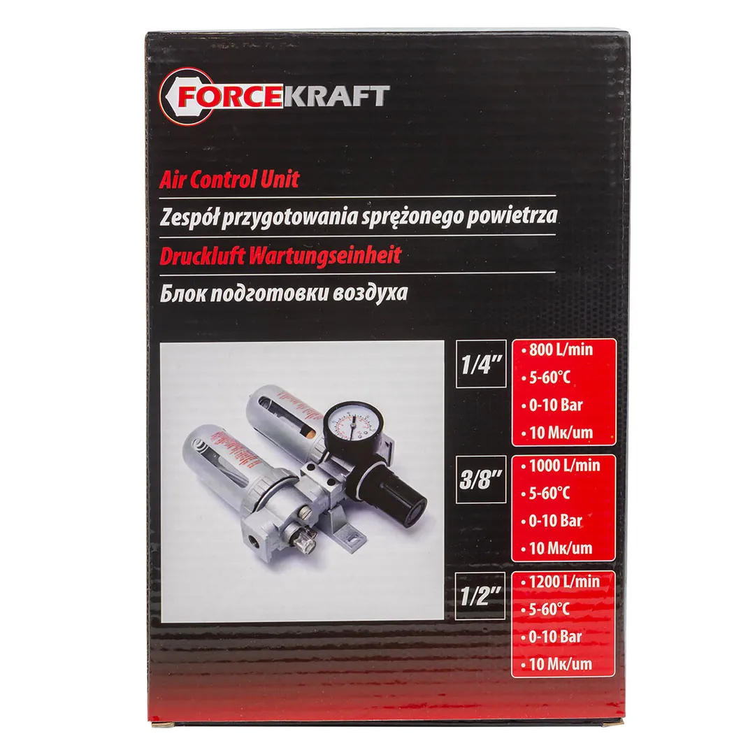 Блок подготовки воздуха 1/4'', фильтр-регулятор+лубрикатор, 10Мк, 800 л/мин, 0-10bar, раб. t 5°-60° ForceKraft FK-AFRL802