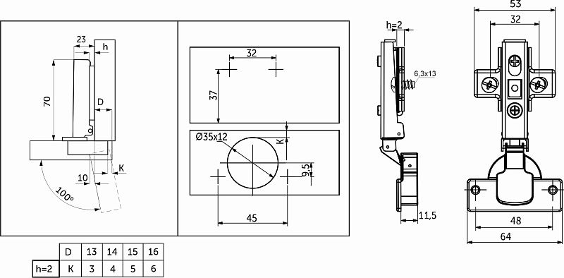 Петля накладная с доводчиком 48мм h2 clip-on, еврошурупы, AKS 108699