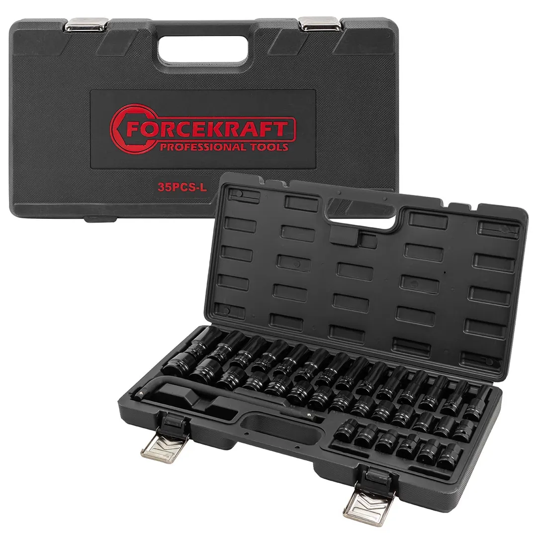 Набор глубоких и коротких ударных головок 8-32 мм 1/2" 6-гр 35 пр с Г-образным воротком ForceKraft FK-4359MPB