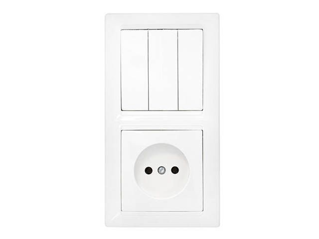 Блок выкл. 3 клав. + розетка (скрытая, б/з) белая, Стиль, Bylectrica 3В-РЦ-689