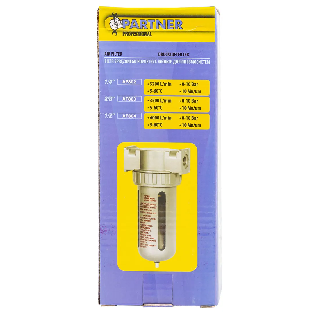 Фильтр воздушный для пневмосистем 1/4'' 10Мк, 3200 л/мин, 0-10bar, раб. температура 5°-60° Partner PA-AF802