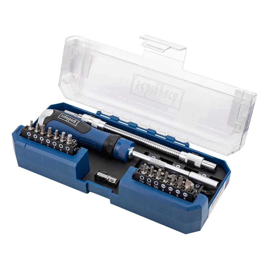 Набор бит 1/4" PH, PZ, SL, Torx, Torx TR, Hex, Square Head, с рукояткой и гибким удлинителем 43 пр Scheppach Sch-30311126