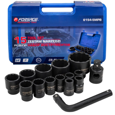 Набор ударных головок 17-50 мм 3/4''&1'' 12-гр 15 пр Forsage F-6154-5MPB