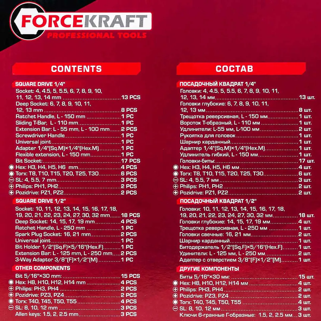 Набор инструментов 94 пр. 1/4''&1/2'' 6-гр. ForceKraft FK-4941-5