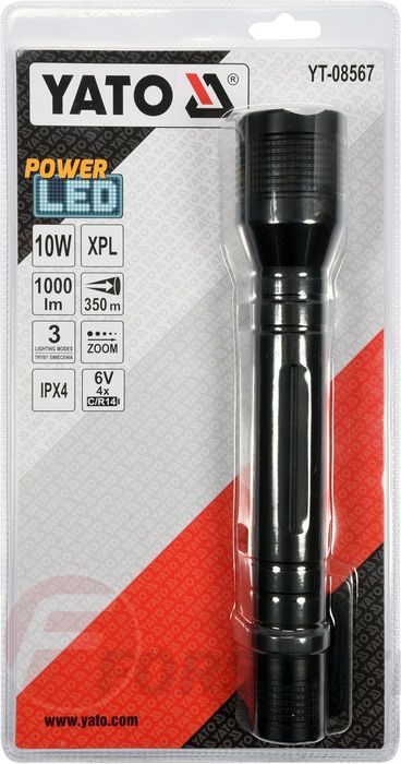 Фонарик 254х46 мм. 10W, 1000lm, 6V, 4хC/R14, IPX4, zoom Yato YT-08567