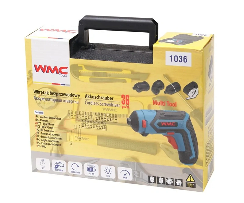 Шуруповерт аккумуляторный с набором бит и аксессуаров 36пр 4V, 1.5Ah, 4Nm WMC TOOLS WMC-1036