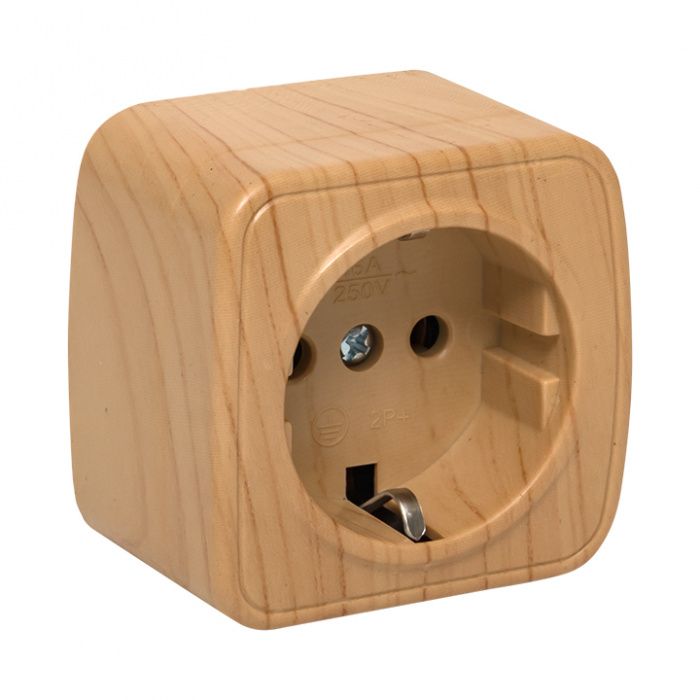 Розетка 1-местная ОП Минск 16А с заземлением светлое дерево EKF EGR16-028-30