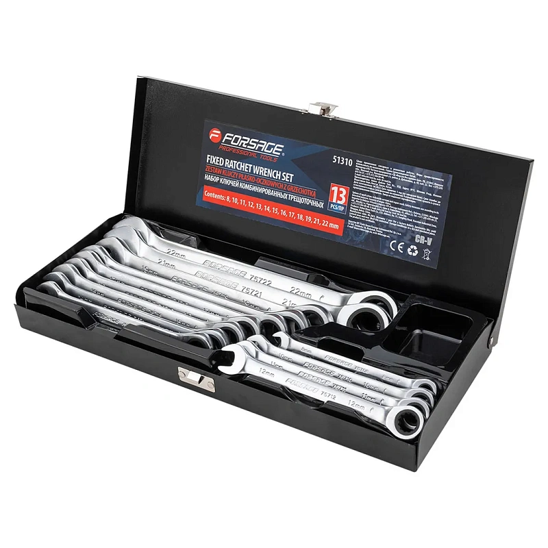 Набор ключей комбинированных трещоточных 8, 10-19, 21, 22 мм 13 пр Forsage F-51310