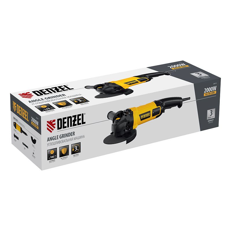 Углошлифовальная машина AGL180-2000, 2000 Вт, 180 мм, 8500 об/мин Denzel 26919