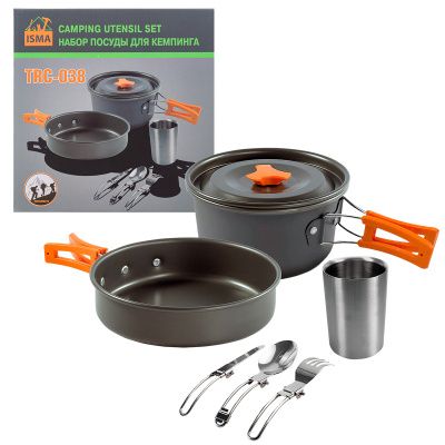 Набор посуды алюминиевой для кэмпинга, сотейник, сковорода, чашка, ложка, вилка, нож ISMA ISMA-TRC-038