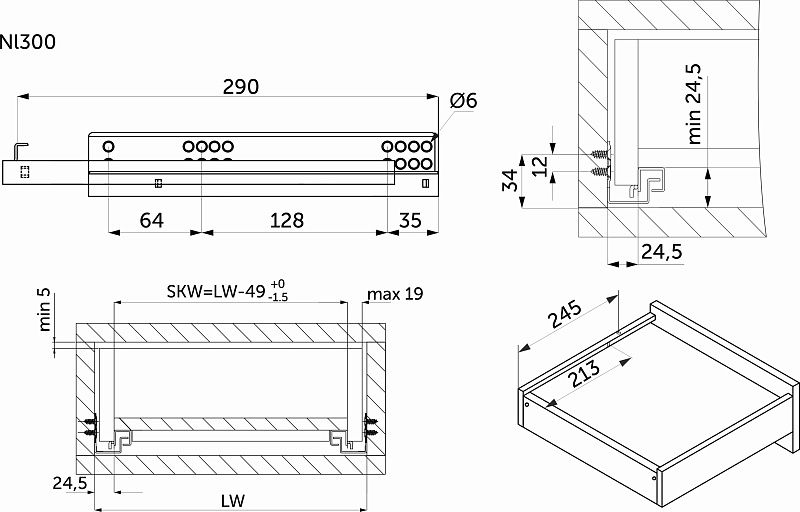 Направляющая скрытого монтажа L-300 с доводчиком ДСП до19mm насадной монтаж 3/4 с фиксаторами AKS 118583