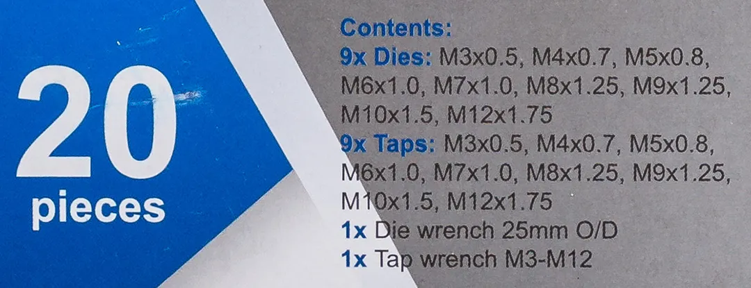 Набор метчиков и плашек метрический 20 пр М3х0.5, М4х0.7, М5х0.8, М6х1, М7х1, М8х1.25, М9х1.25, М10х1.5, М12х1.75 Scheppach Sch-M020-1
