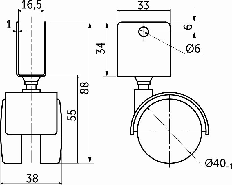Колесо меб. пласт. d40 U-образное, черный тип2 AKS 121629