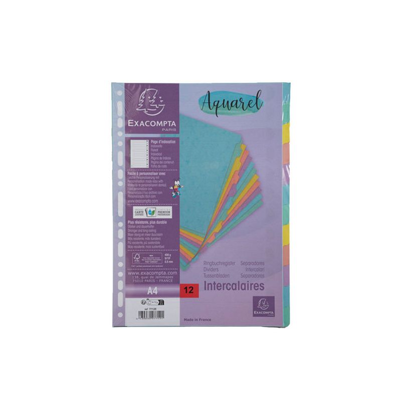 Разделитель "Aquarel", A4, 12 делений, ассорти