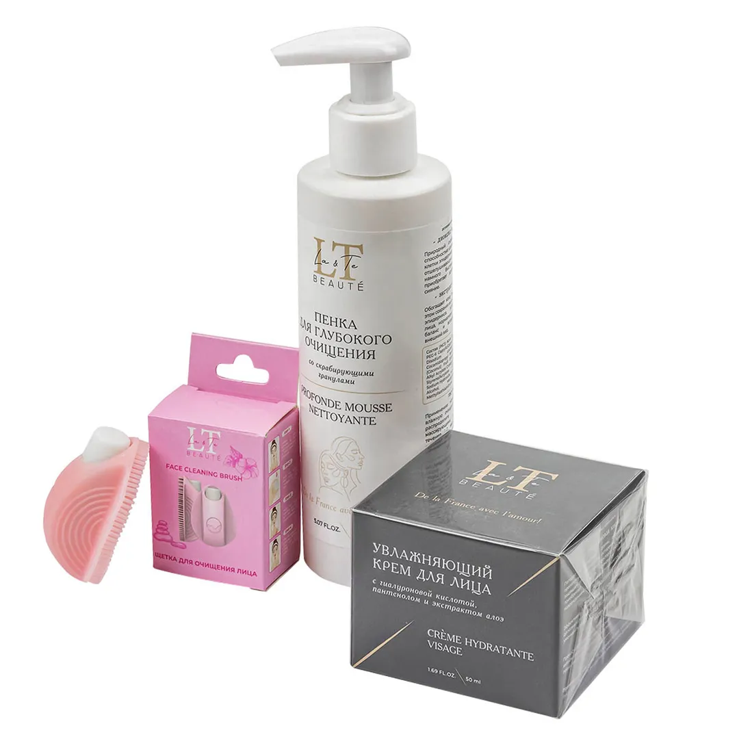 Набор для очищения кожи лица, щетка для лица электромеханическая, пенка со скрабирующими гранулами, увлажняющий крем для лица, пакет 20*25 La and Te beaute LT-52