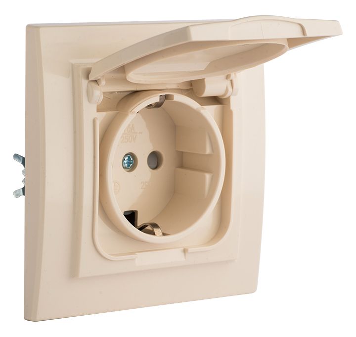 Минск Розетка 1-местная СП с/з с крышкой 16А бежевая с защ, штор, IP44 EKF ERR16-029-200-44
