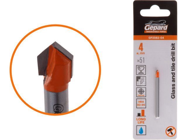 Сверло по кафелю/стеклу 4x51 мм, ц/х, трехгр. хвостовик GEPARD GP2082-04