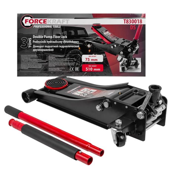 Домкрат подкатной гидравлический 3 т, 75-510 мм, двухпоршневой, низкопрофильный ForceKraft FK-T830018 DS